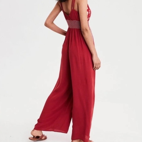 FINAL SALE American Eagle Boho Embroidered Rust Wide Leg Smocked Jumpsuit - Picture 2 of 8